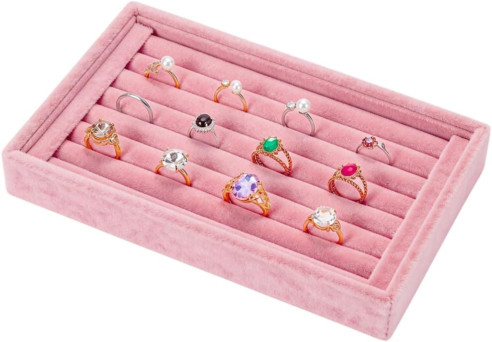 1Pc 7 Slots Pink Velvet Ring Tray Stackable Jewelry Organizer Trays Small Velvet Showcase Display Holder Box Drawer Organizers for Earrings Rings Holder Home Decor Storage Shop Store Selling