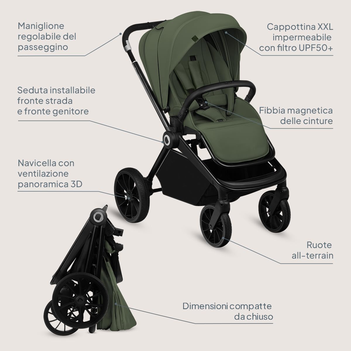 LIONELO MIKA PLUS Passeggino per Bambini 6-48 Mesi fino a 22 kg, Schienale e Poggiapiedi Regolabili, Ammortizzazione, Ruote girevoli in PU a 360° Cappuccio impermeabile XXL, UPF50+