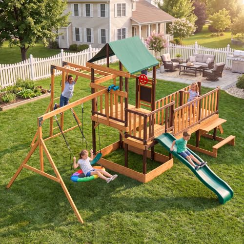 EROMMY Wooden Swing Set for Backyard, 6-in-1 Outdoor Playset with Slide