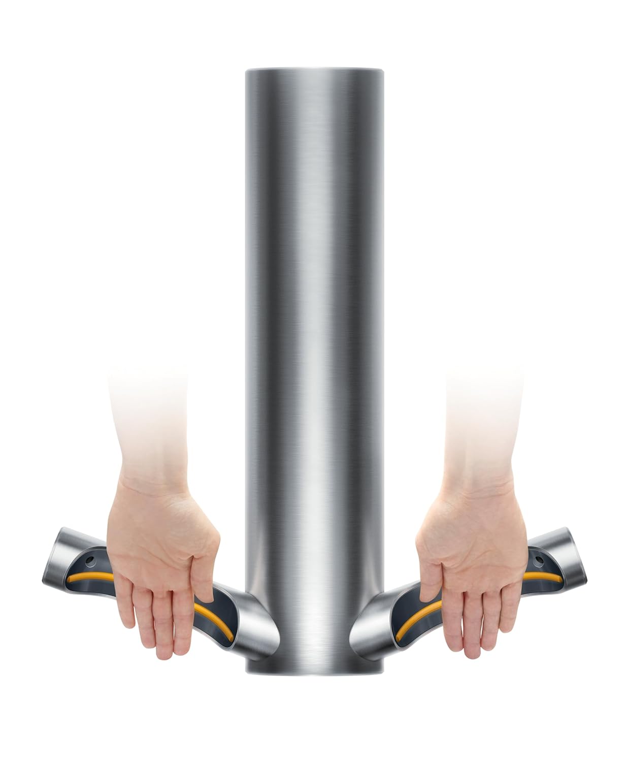 A pair of hands positioned under the Dyson Airblade 9kJ hand dryer, demonstrating the correct way to use the device for drying.