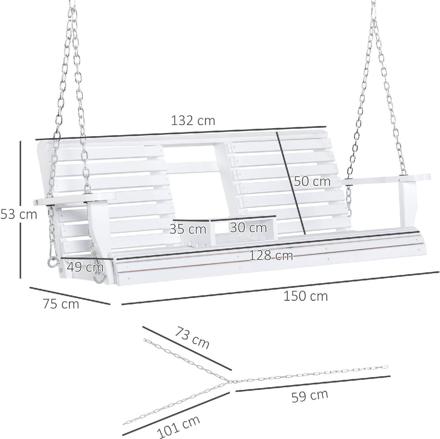 Dondolo da Giardino 3 Posti e Tavolino in Legno Dimensioni 150x75x53 cm Colore Bianco