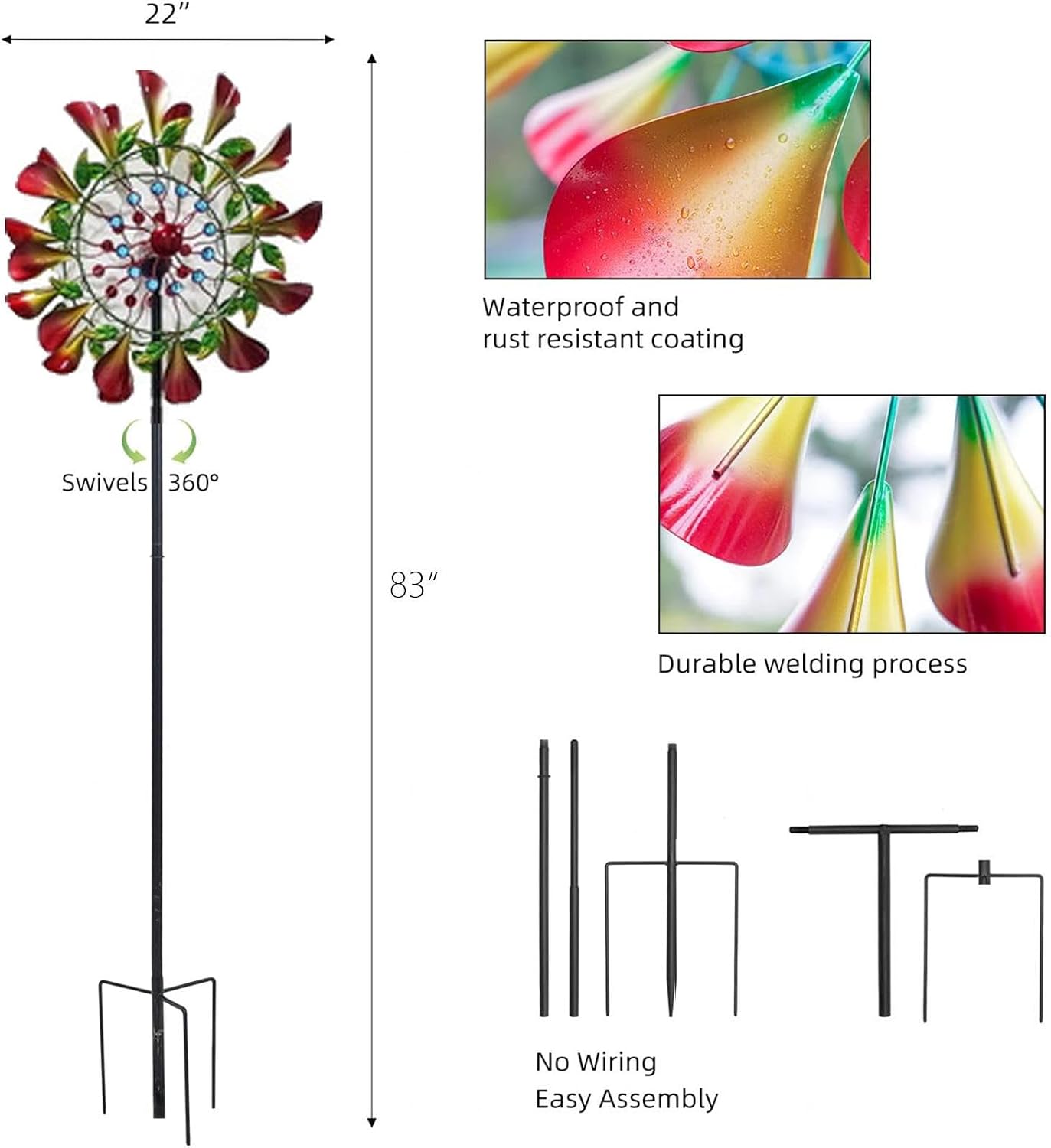 83in Garden Whirligig Spinners Yard Wind Spinners 360° Wind with Kinetic Wind Mills
