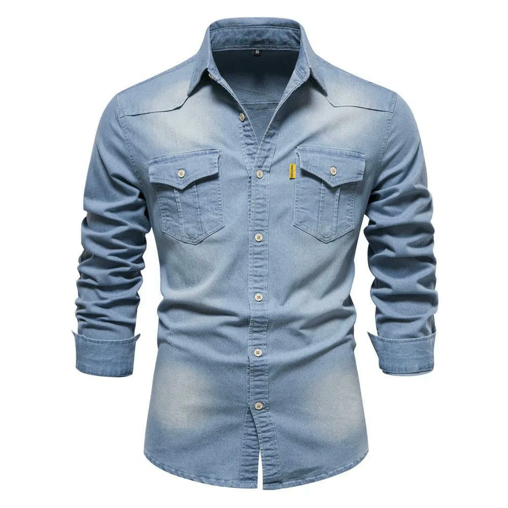 ZBDP Camicia in denim di cotone elastico da uomo a maniche lunghe in tinta unita camicie da uomo casual slim fit abbigliamento da uomo