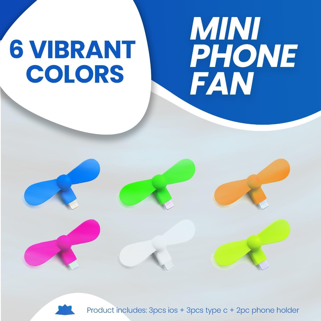 Mini Cell Phone Fan for Hot Flashes, Colorful & Powerful Fans Compatible with iPhone, iPad, Android Smartphones & Tablets, USB C Mobile Accessories, 3 iOS + 3 Type C + 2 Silicone Suction Cup Mount