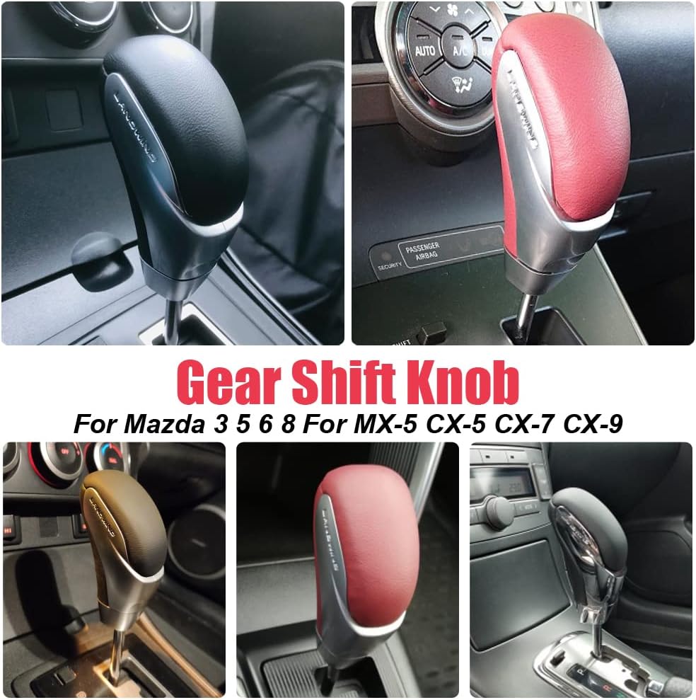 Automatic Car Gearbox Handles Gear Shift Knob Stick Lever Head Genuine Leather Compatible with Maz-da 3 5 6 8 MX-5 CX-5 CX-7 CX-9 Chrome Silver+Black