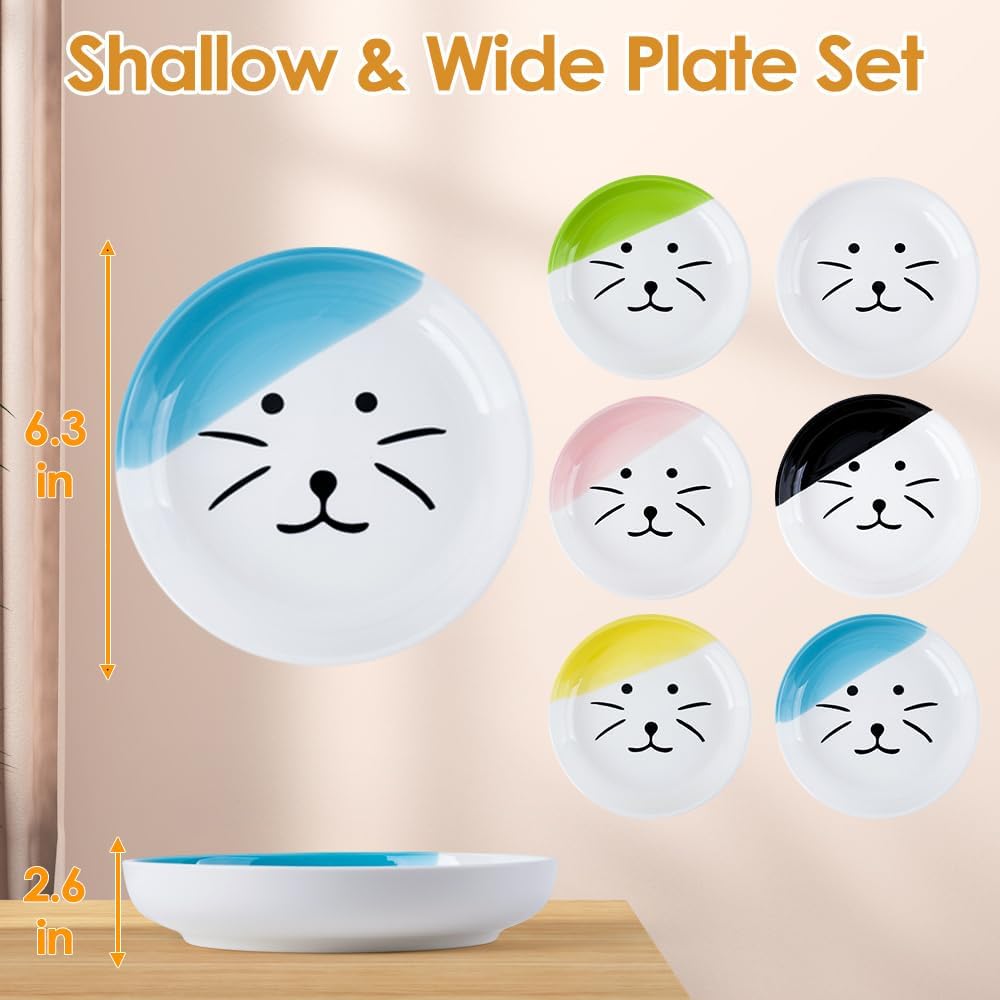 6PCS Ceramic Cat Dish, Shallow and Wide Plate Relief Whisker Fatigue, Dishes for Food and Water, Whisker-Friendly Design, 5.9W x 1.18D Inch, for Indoor Cats and Small Dogs, Multi Color