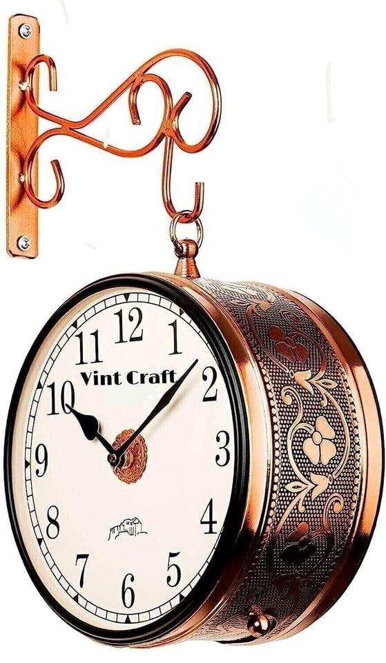 Antique Victoria Station Double Sided Railway Black Powder Coated Functional Clock for Home and Office Decor | Coated for Clasy and Vintage Look | 8 Inch with Wall Mount Antique-Look Brown