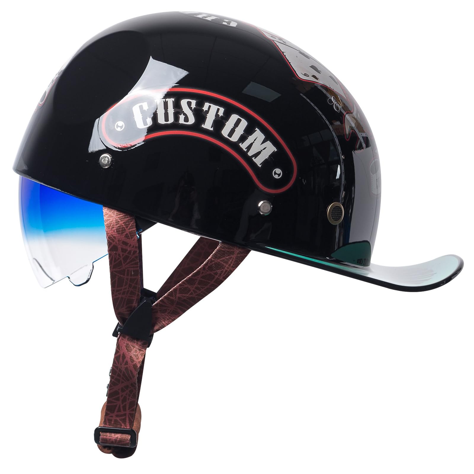 Baseball Cap Motorcycle Half Helmet, Fashion Vintage Street Adults Men Women Open Face Motorbike Helmets for Cruiser Street Scooter Moped Cap with