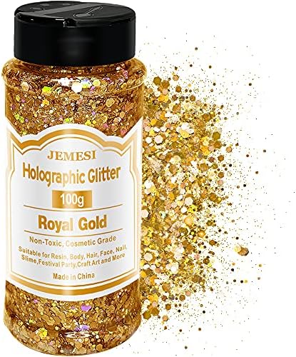 Holographic Chunky Glitter, 100g Royal Gold Cosmetic Craft Glitter for Epoxy Resin, Nail Sequins Iridescent Flakes, Body, Face, Hair, Nail, Glitter Slime Making