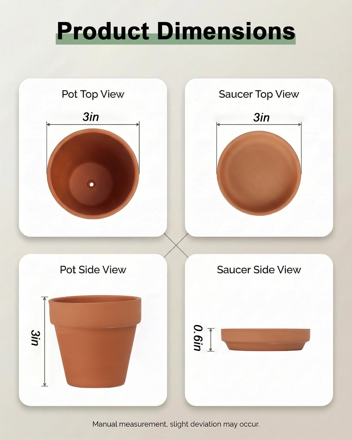 Riseuvo 3 Inch Terra Cotta Pots with Saucer - 12 Pack Clay Flower Pots with Drainage, Great for Plants, Crafts, Wedding Favor (3 Inch)