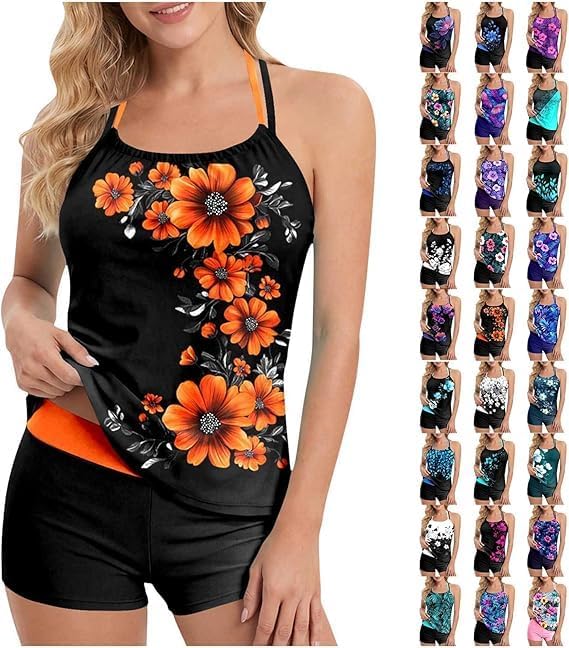 2 Piece Halter Tankini Swimsuits for Women with Boy Shorts Floral Printed Bathing Suit Built in Bra Pads Swim Suits