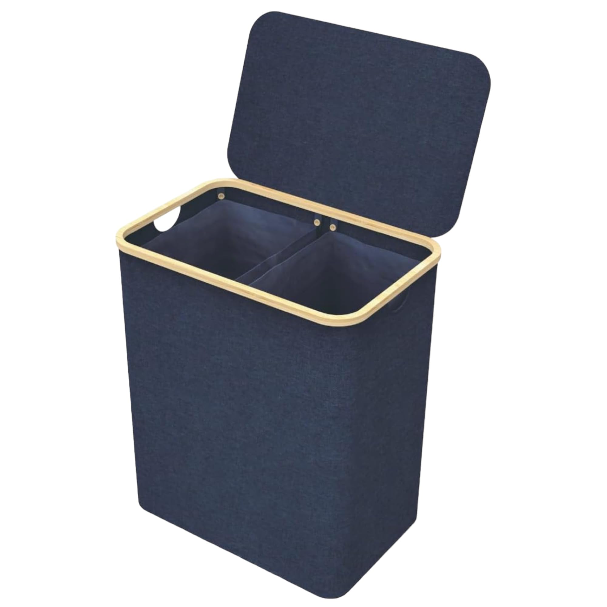 Cesto de Ropa Sucia de Bambú con Tapa y Asas - 1 o 2 Departamentos-Plegable,Bolsa Interior Lavable Máquina-Solución Elegante y Práctica para la Lavandería cubo 150L (Tela 2 Departamento Azul Marino)