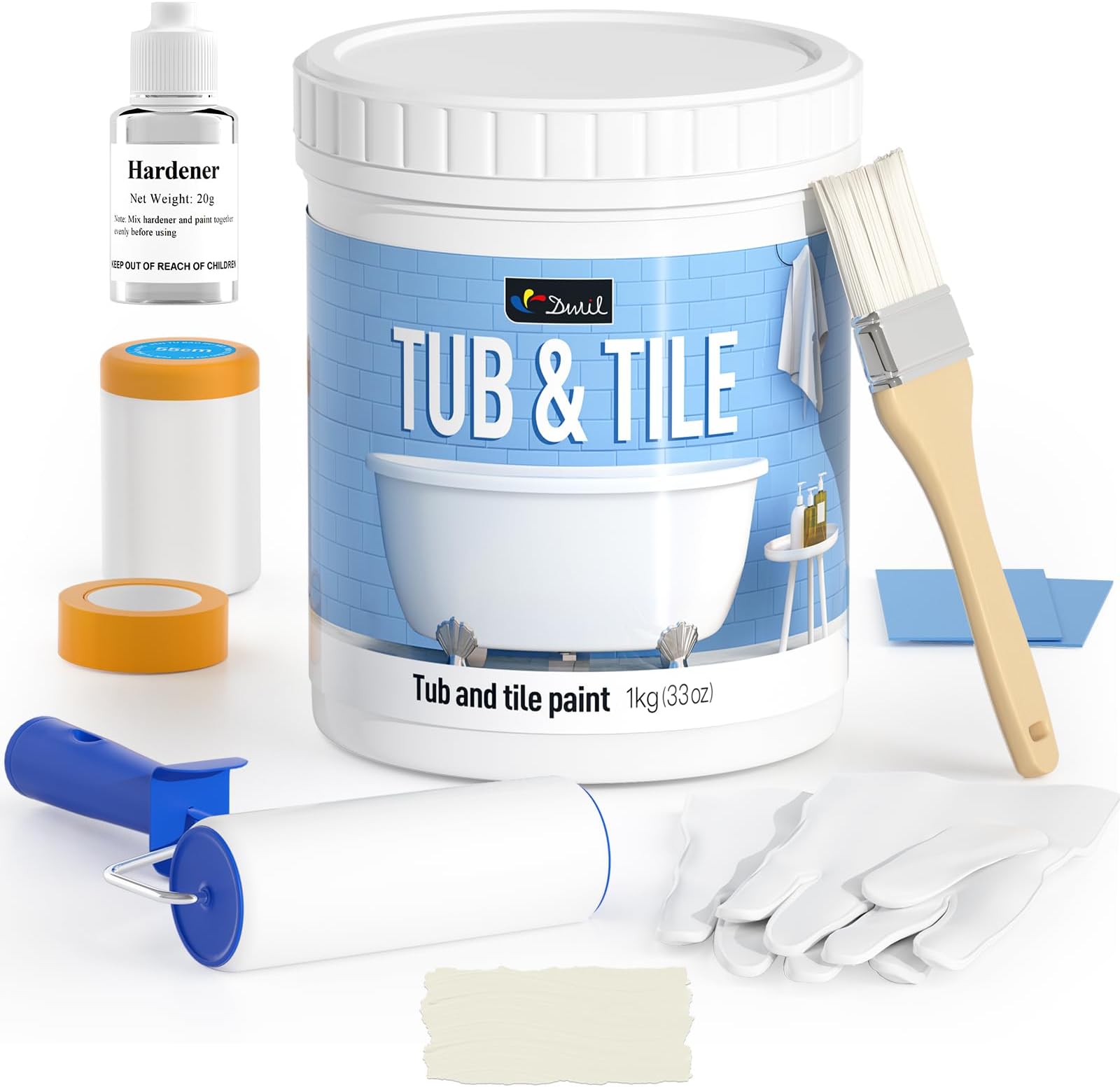 DWIL Tub Paint, Tub and Tile Refinishing Kit 33oz with Tools, Tile Refinishing Kit Bathtub Paint Water Based &Low Odor, Easy to Use Sink for Bathroom Kitchen, Semi-Gloss Vanilla White, 50-55sq.ft