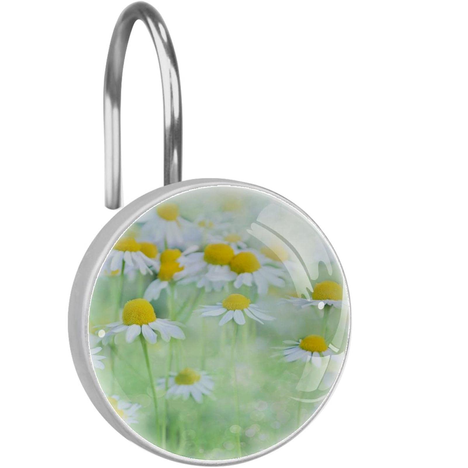 LifePavilion Shower Curtain Hook (3.7x3.7cm/12pcs) Daisy Nature Cute Hook Bathroom Curtain Rod Ring Stainless Steel Crystal Glass Resin Hook Decoration