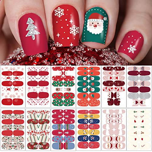 12 Sheets Self-Adhesive Snowflake & Christmas Tree Nail Art Decals, Full Wrap Wraps for Xmas Party Decor with Nail Files