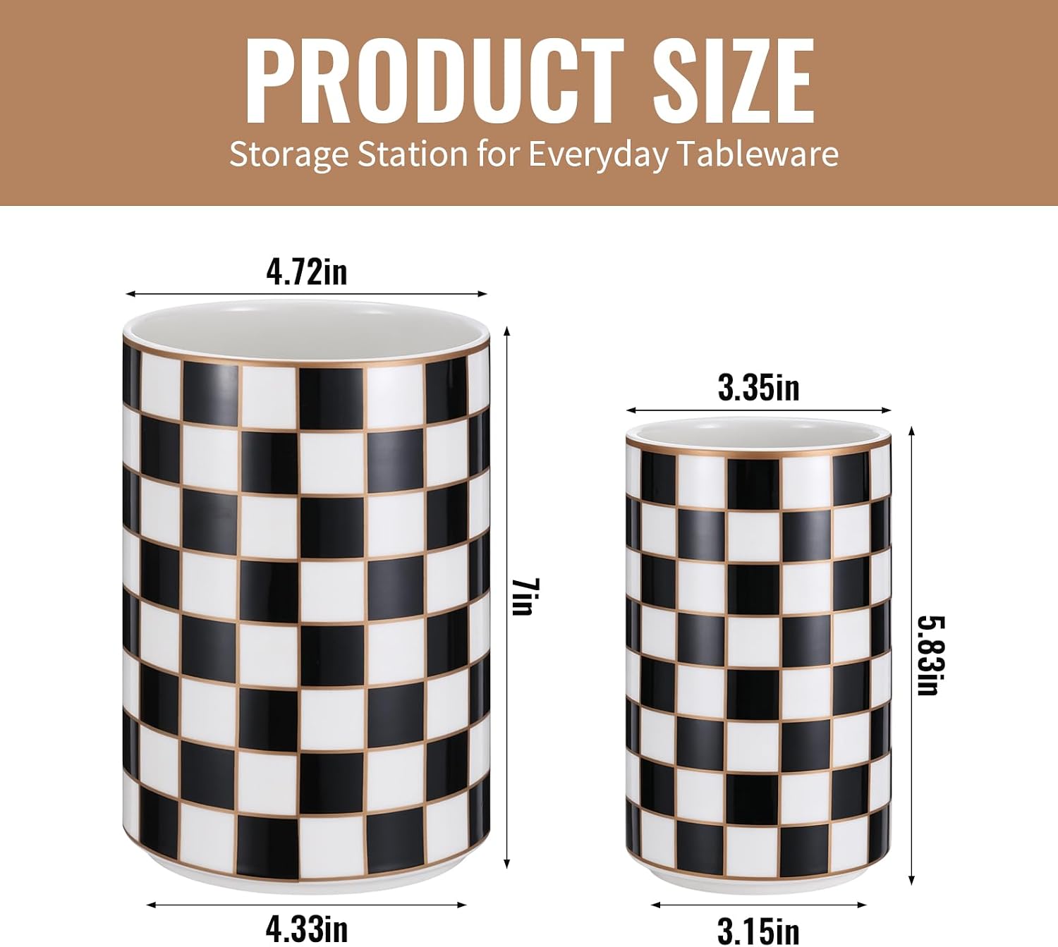 2 pack Checkered Kitchen Utensil Holder, Black White Ceramic Storage Crocks