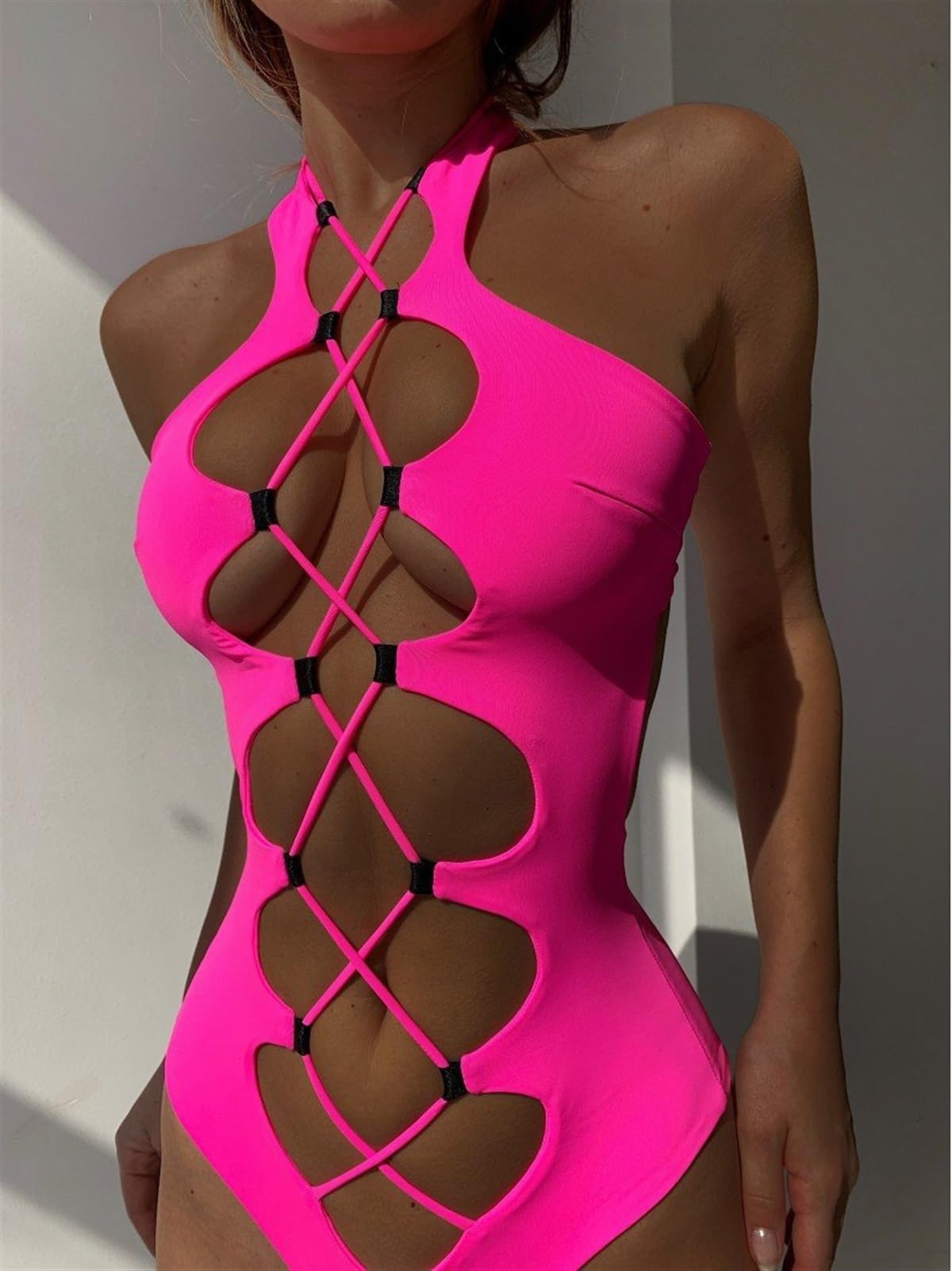 Évider Maillots De Bain Femmes Col Haut Solide Noir Découpé Dos Nu Monokini Bandage Maillot De Bain Vacances Une Pièce Maillot De Bain