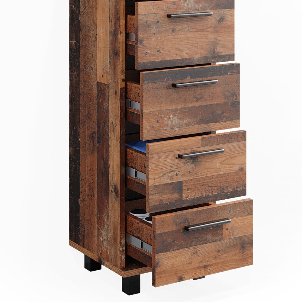 Vicco Meuble Salle de Bain Ilias, Chêne Rustique, 30x95cm avec 5 tiroirs, adapté à la Fixation Murale et Compatible avec la série Ilias