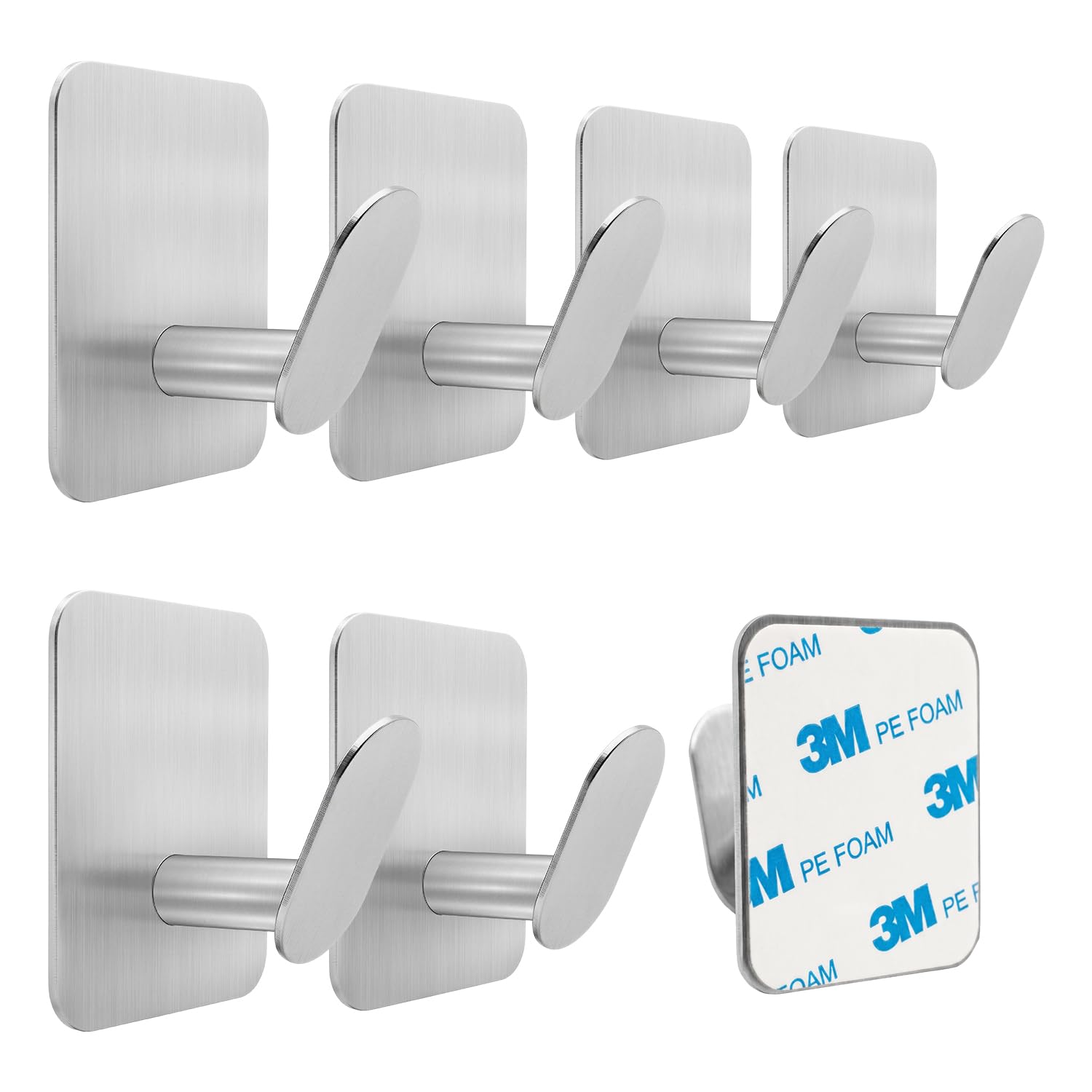 MIIVII 6 Pack of Self Adhesive Hooks, Stainless Steel Strong Sticky Bath Towel Hooks