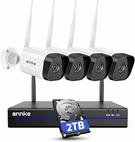 Sistema de seguridad inalámbrico para exteriores ANNKE 4K de 16 canales NVR expandible con 5 MP, 4 cámaras WiFi, disco duro de 2 TB, detección de personas, audio bidireccional, IP66, acceso remoto, alertas instantáneas y visión nocturna de 30 metros.