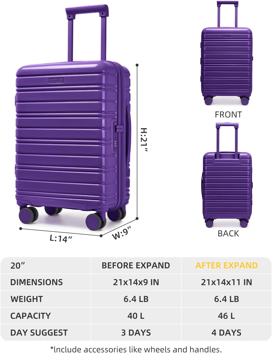 LARVENDER Carry On Luggage 22x14x9 Airline Approved, 20 Inch Expandable PC+ABS Hardside Suitcase Carry On Luggage with Spinner Wheels TSA Lock for Women Men (Purple)