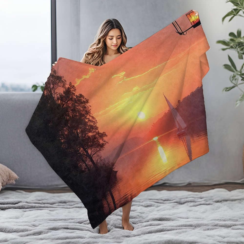 Couverture Queen Size flanelle 150x200 plaid lit canapé paysage lac coucher de soleil