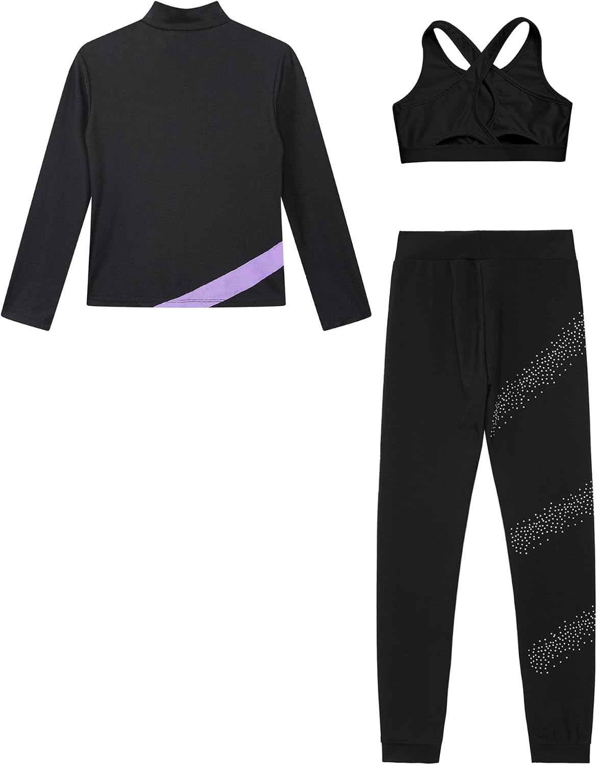 ranrann Girls Ice Skating Jacket with Leggings Vest Set Kids Figure Skating Pants with Crop Top Jacket Outfit