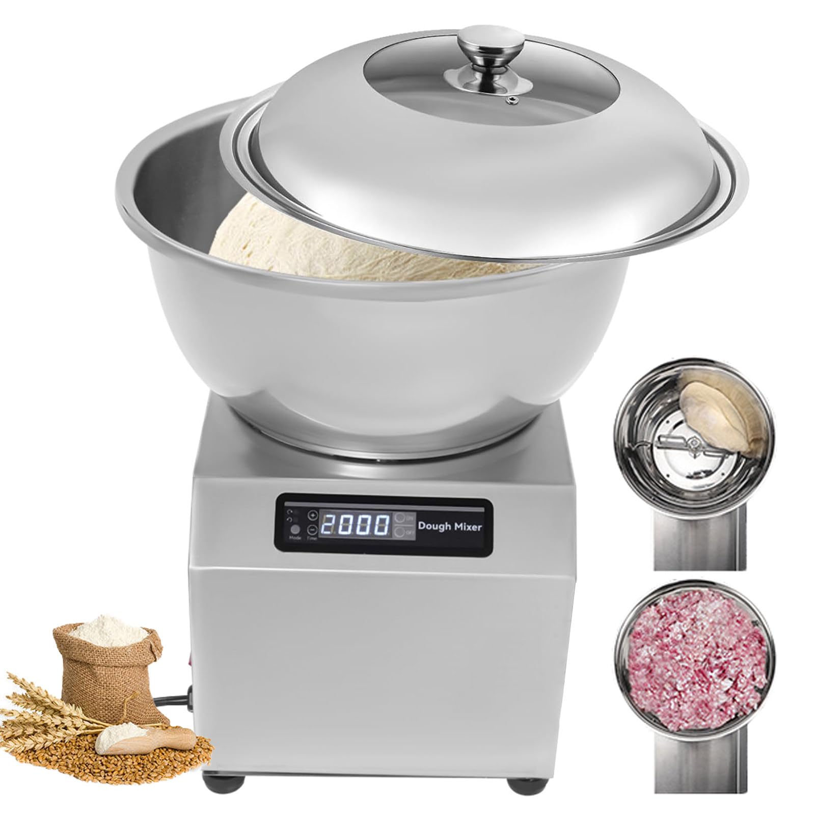 Impastatrice a Spirale Elettrica da 2200 W con Doppia Rotazione, Impastatrice Robusta in Acciaio Inox con Ciotola, Coperchio E Timer da 30 Minuti, per Panetteria, Pizzeria E Ristorante 5kg