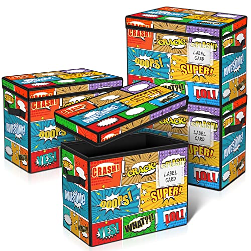 Leffis 4 Pack Comic Book Storage, Comic Book Box Foldable Comic Short Box with Pattern, Comic Book Bin with Fully Enclosed Lid and Label Slot, 13.8" X 7.5" X 9.6" Holds 150 Comics (4 Pack)