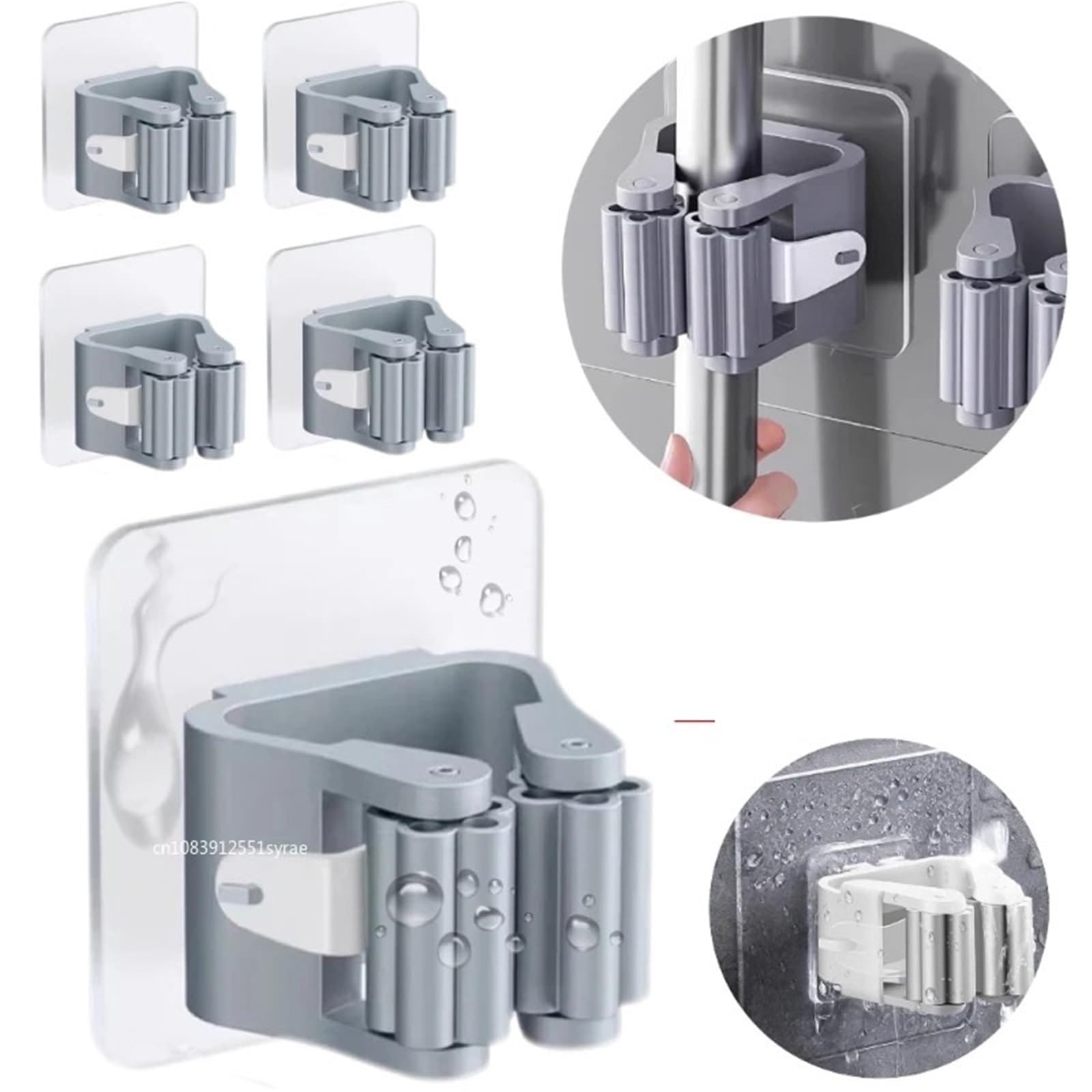 Soporte de pared para escobas, 40 unidades, soporte autoadhesivo para escobas, soporte para fregona, soporte para fregona, organizador de almacenamiento para baño (4 unidades, gris)