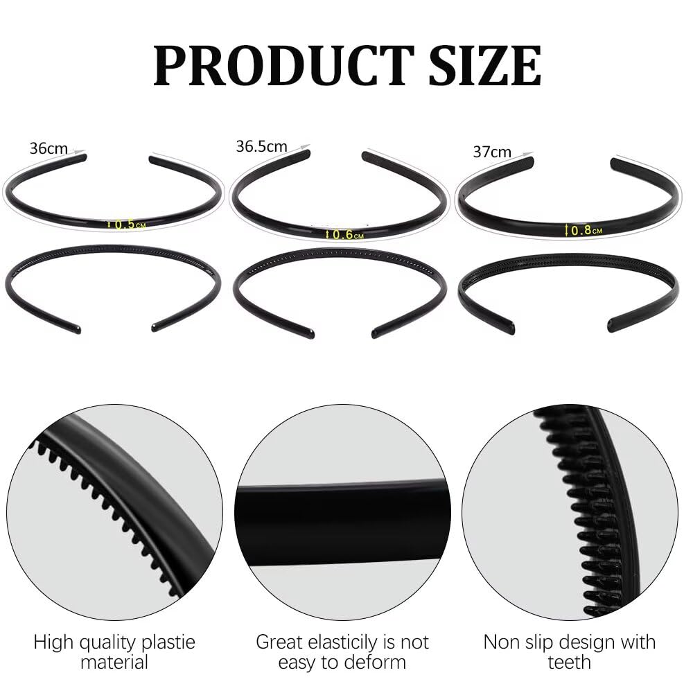 Paquete de 3 diademas de plástico, con peine de dientes de 5 mm, 6 mm y 8 mm, diadema negra antideslizante, unisex, accesorios para el pelo deportivos y de moda para mujeres y hombres