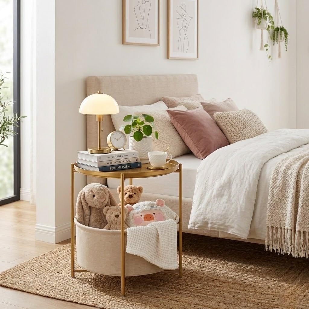 danpinera Beistelltisch Rund, Beistelltisch Gold mit Stauraum, Kleiner Tisch für Nachttisch, Rund Metall Kleiner für Wohnzimmertisch, Schlafzimmer, Kinderzimmer, Gold