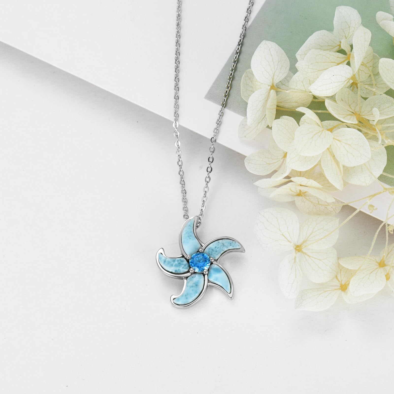 Collar de estrella de mar de Larimar de plata de ley 925 con colgante de estrella de mar azul auténtica, joyería de regalo para mujer, Plata esterlina, Larimar