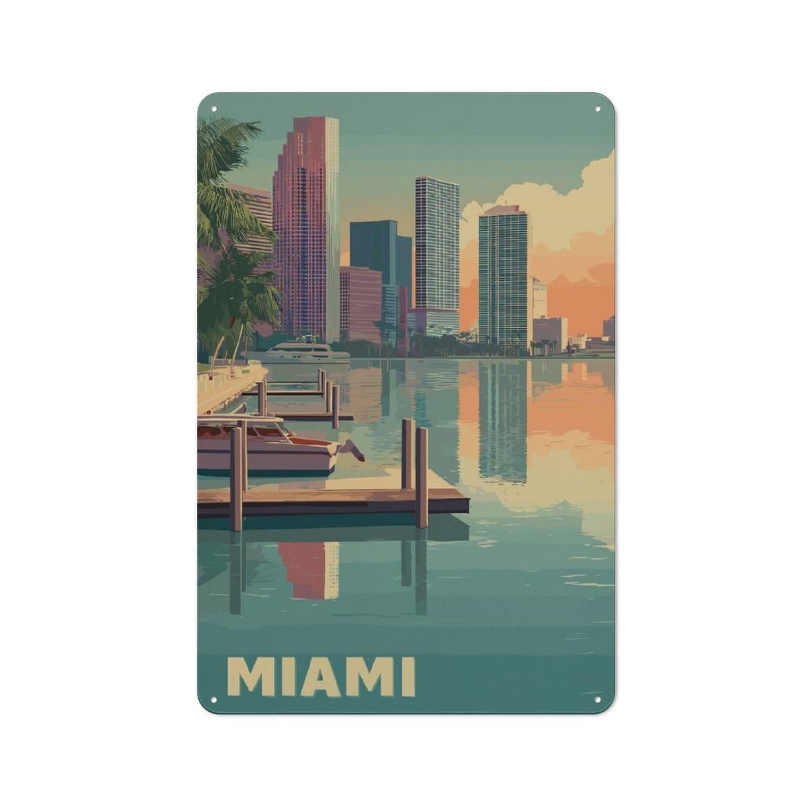 Junmoney Style-19 Vintage Tin Sign 30X20cm With Miami Cityscape With Boats And Docks For Man Cave Or Games Room, For Winter Room Styling In Man Cave And Games Room