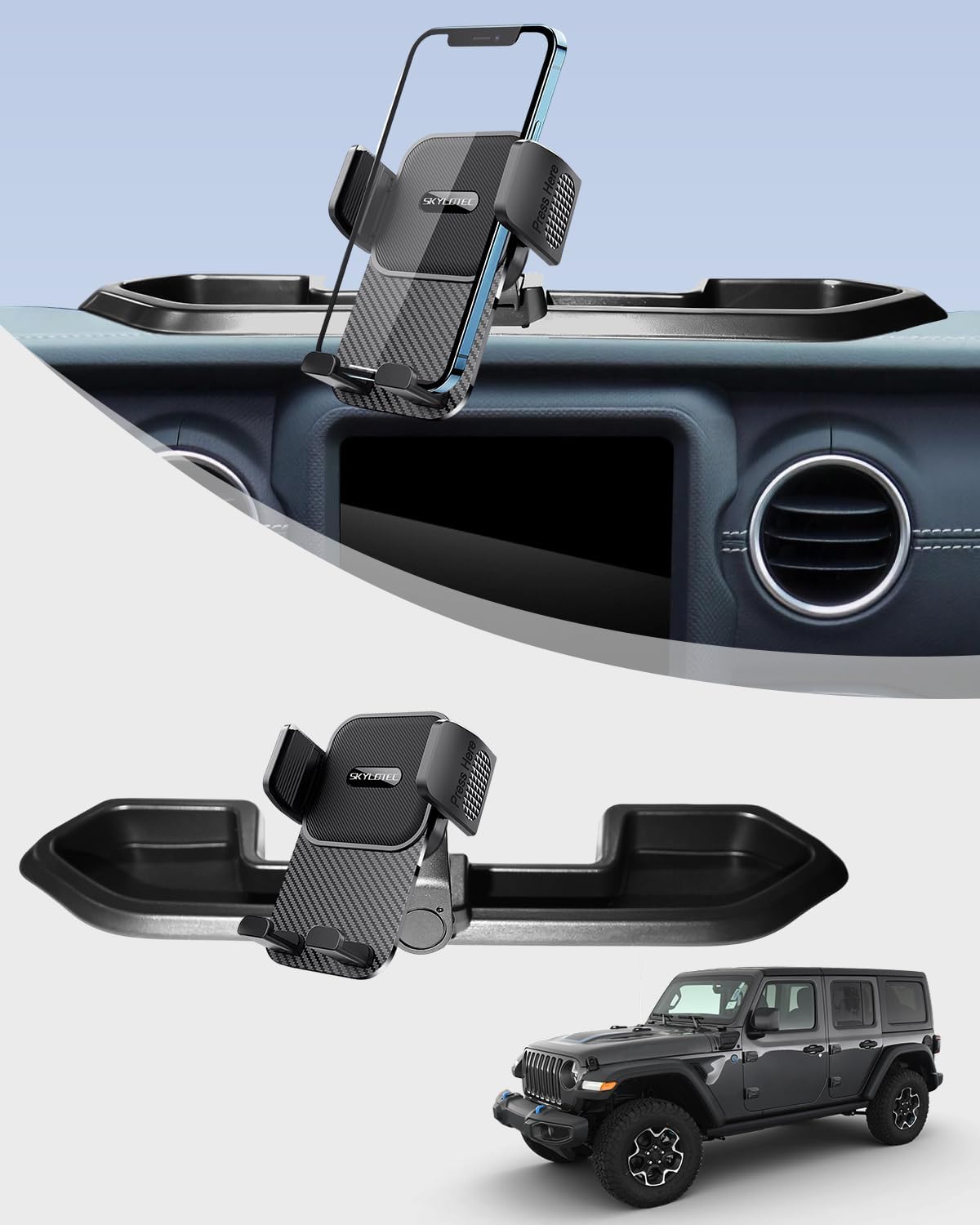 SKYLOTEC Phone Holder for Jeep Wrangler JL 4XE 2021 2022 2023 Accessories Automobile Cradles Phone Mount, Dashboard Mount Dash Tray Not Block Air Vent(Not Fit 4X4/Gladiator)