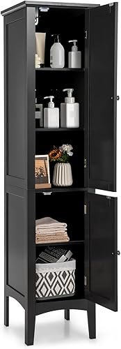 COSTWAY Tall Bathroom Storage Cabinet, 5-Tier Freestanding Linen Tower Cabinet with 2 Doors, Wooden Side Storage Organizer, Narrow Slim Floor