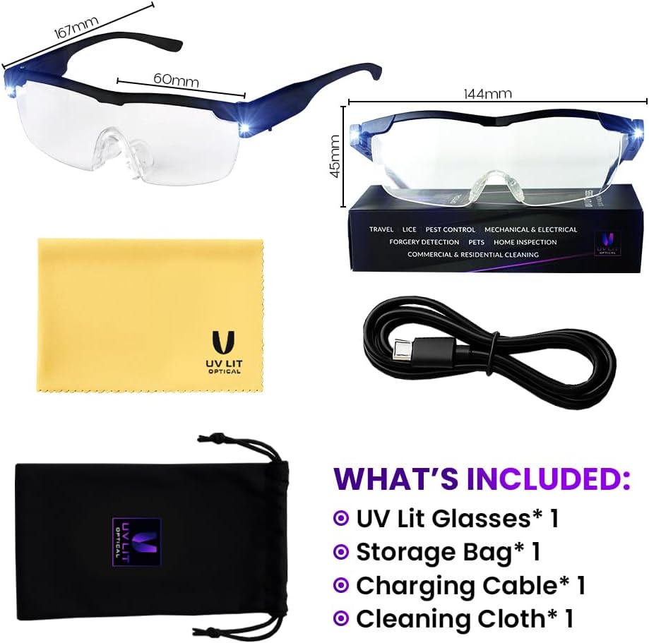 UV Lit Optical Glasses with LED Light – Multi-Purpose Sanitary Inspection Tool for Bed Bugs, Pet Stains, Mold, Leaks, Counterfeit Detection, Home, Travel & Auto Use