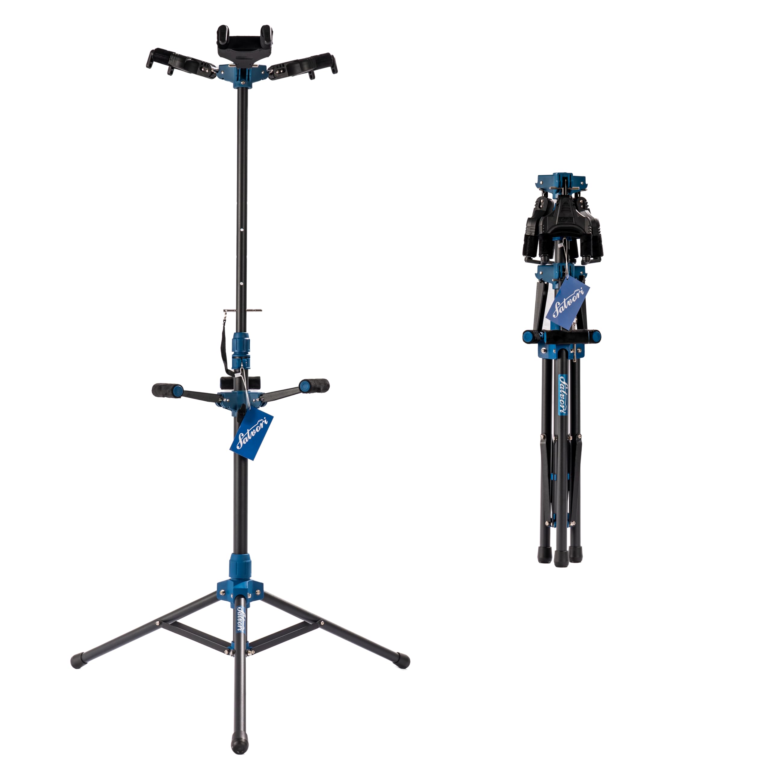 Salvori Folding Triple Guitar Stand with Auto-Lock System and Soild Tripod, Triple/Multiple Guitar Stand/Holder/Rack for Single Bass, Acoustic, Electric, Classical Guitar or Ukulele