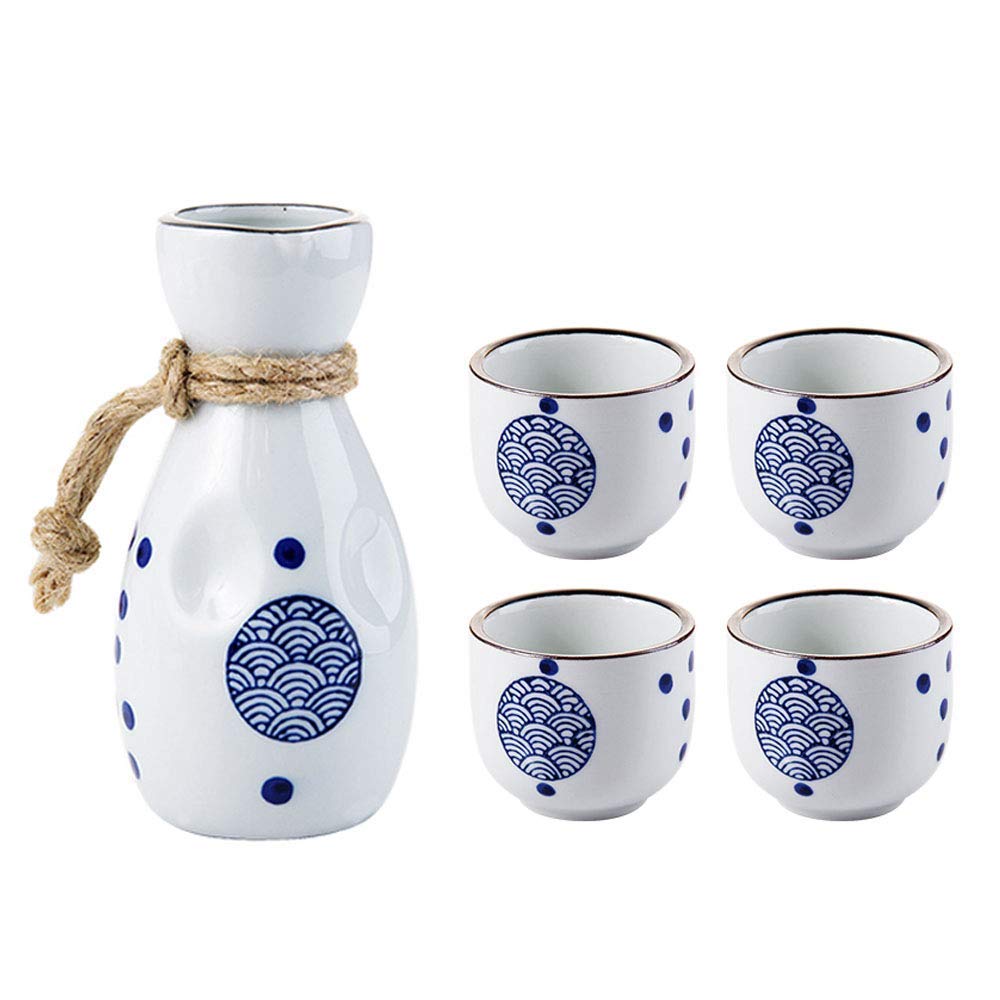 Service à saké japonais, ensemble de 5 tasses à saké, tasses en céramique à texture ondulée bleue, verres à vin artisanaux pittoresques, pour thé shochu chaud et froid, meilleur cadeau pour la fa