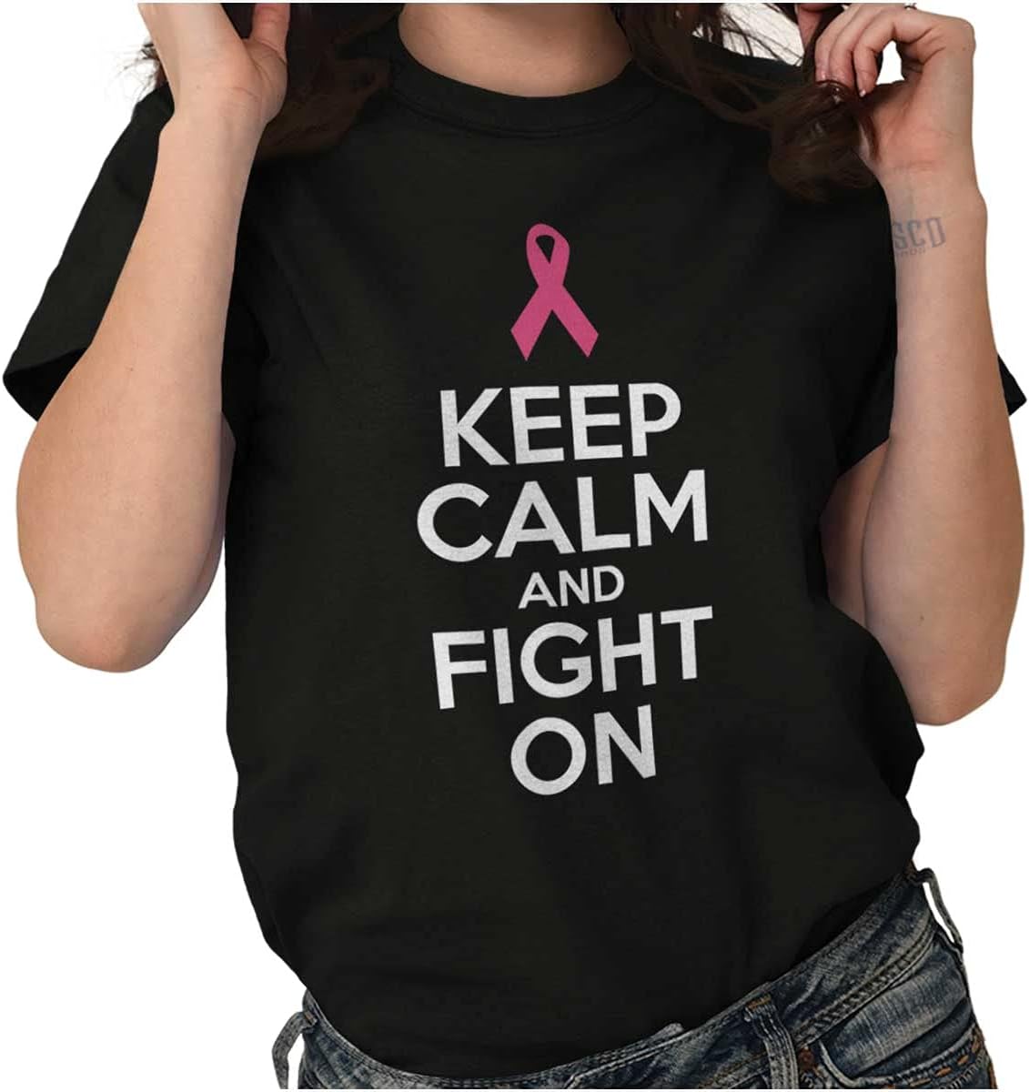 Keep Calm and Fight On Breast Cancer Womens Graphic T Shirt Tees
