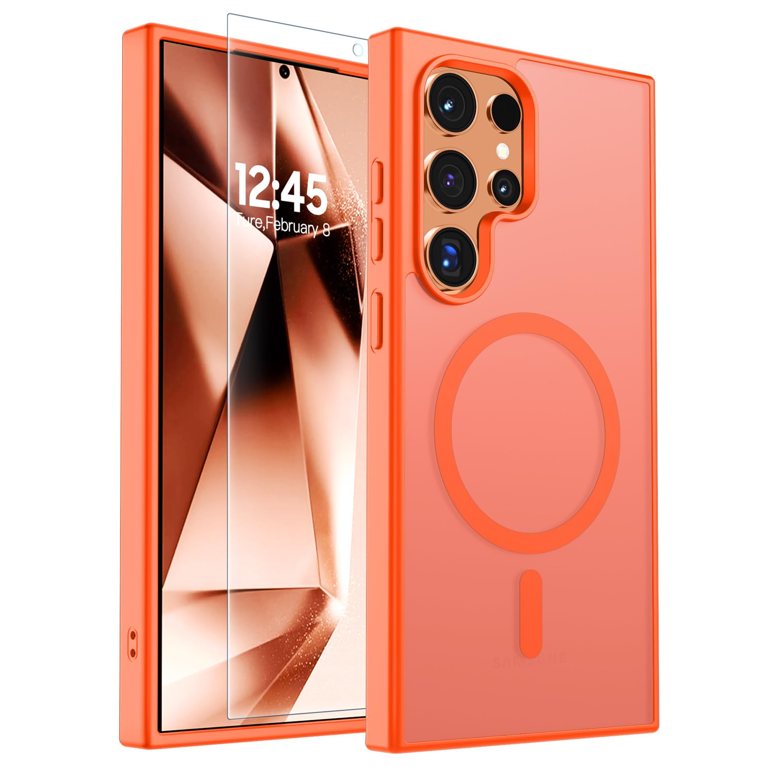 SUPFINE Magnetic for Samsung Galaxy S24 Ultra Case with Screen Protector, (Built-in Magnets) (Military Grade Drop Protection) Slim Translucent Shockproof Phone Case,Orange