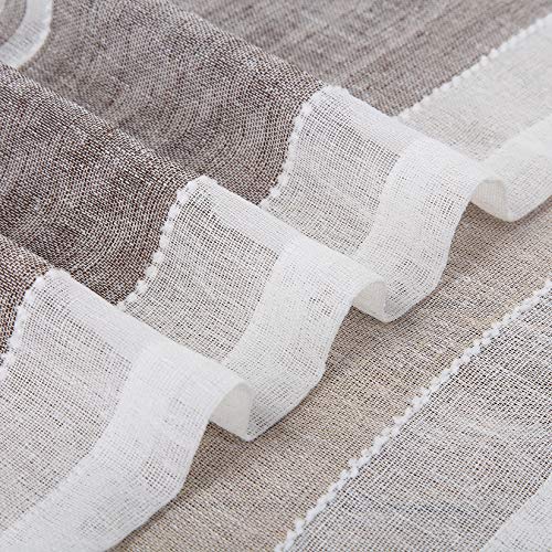 Haperlare Short Sheer Curtains 45 Inch, Splicing Striped Faux Linen Farmhouse Kitchen Tier Curtains Cafe Curtains, Yarn Dyed Boucle Window Treatment Set For Living Room, Taupe/Brown, Set Of 2 #TOP5