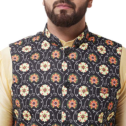 Image of SOJANYA (Since 1958 Men's Silk Blend Gold Kurta Pyjama & Printed Nehrujacket Combo