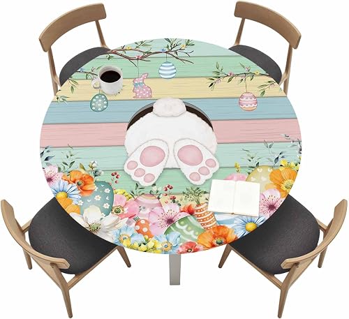 Xeromeazo Easter Egg Round Picnic Tablecloth, Spring Orange Pink Flower Rabbit F