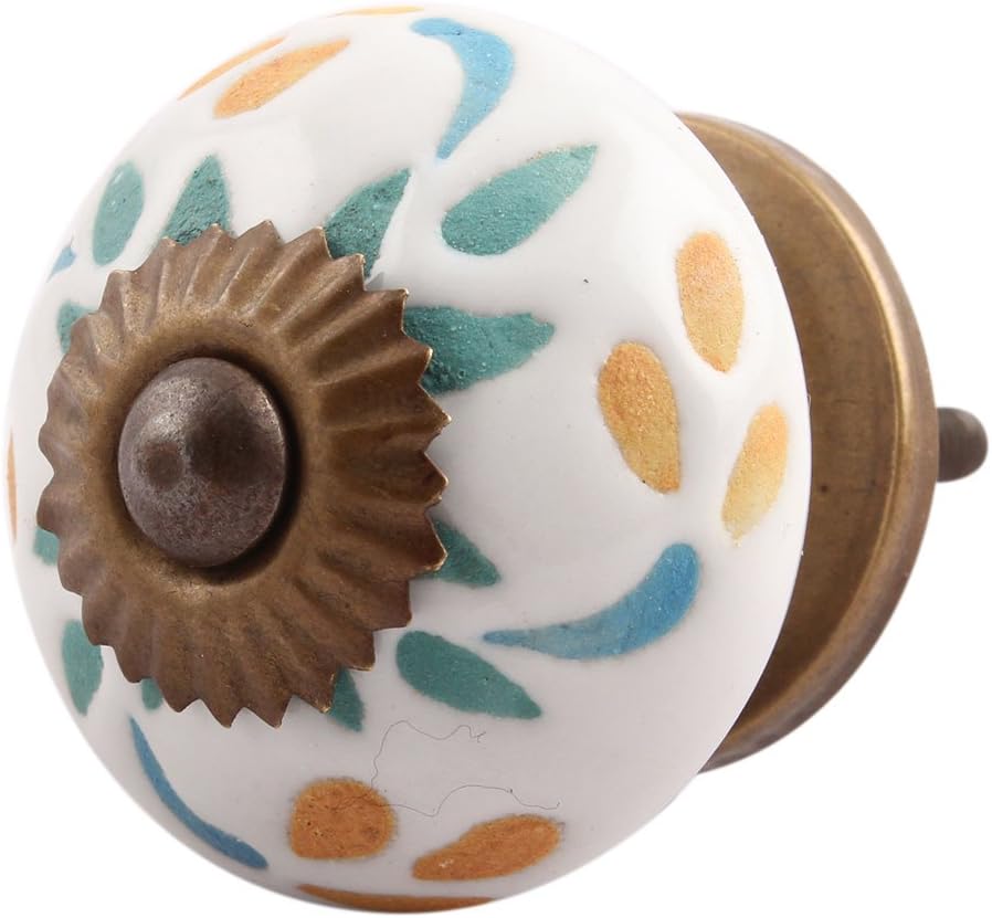 Indian Shelf Pack of 18 Multicolor Leaf Etched Ceramic Designer Dresser Knobs Cabinet Pulls Drawer Handles Unique Style