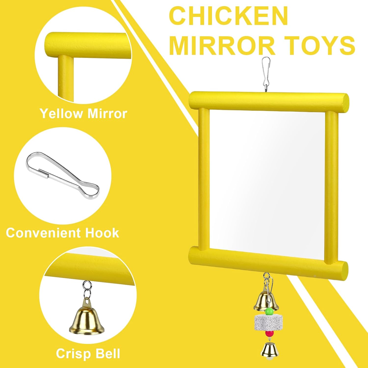 1 Pcs Chicken Mirror Toys Large 12x10 Inch Hanging Swing Mirror with Bell | Wooden Pecking Toy and 2 Pieces Beak Grinding Molar Stones for Hens Birds Parrots Coop Roosters(Yellow)