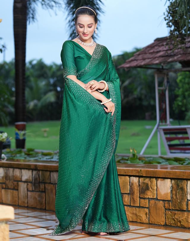 Image of SIRIL Women's Georgette Hot Fixing Stone Work Saree with Unstitched Blouse Piece (3186S138 Turquoise)