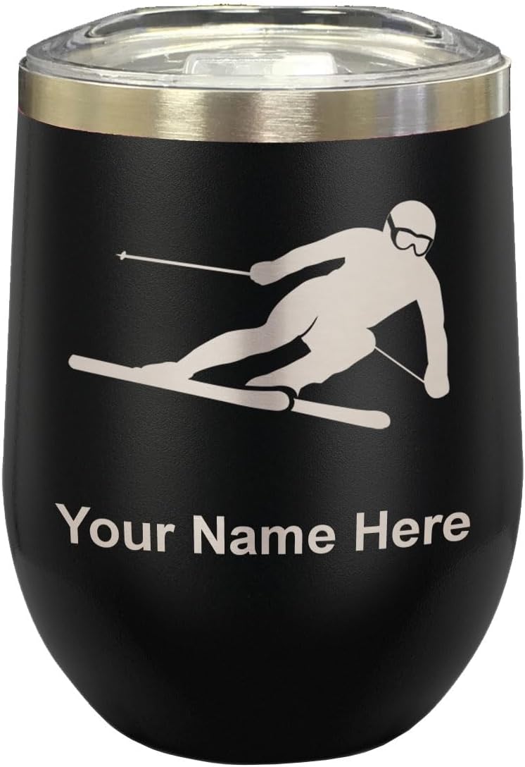 LaserGram 16oz Double Wall Stainless Steel Wine Glass Tumbler, Skier Downhill, Personalized Engraving Included (Black)