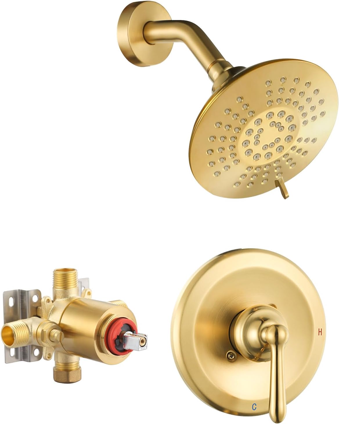 Shower Faucet Set Brushed Gold: 6 Inch High Pressure Shower Head and Handle Set, Single Handle Bathroom Trim Kit (Brass Valve Included)
