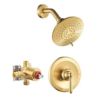 Shower Faucet Set Brushed Gold: 6 Inch High Pressure Shower Head and Handle Set, Single Handle Bath Trim Kit (Brass Valve Included) - Amazon product rated Grade B